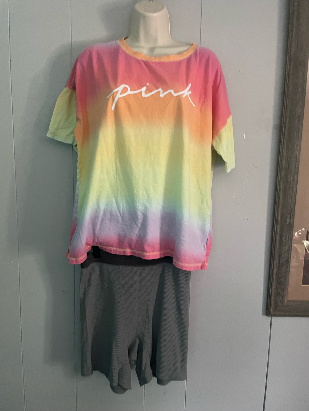PINK Victoria's SecretSleep Tee - Pink/Orange, with grey Henley shorts. 2 sets.